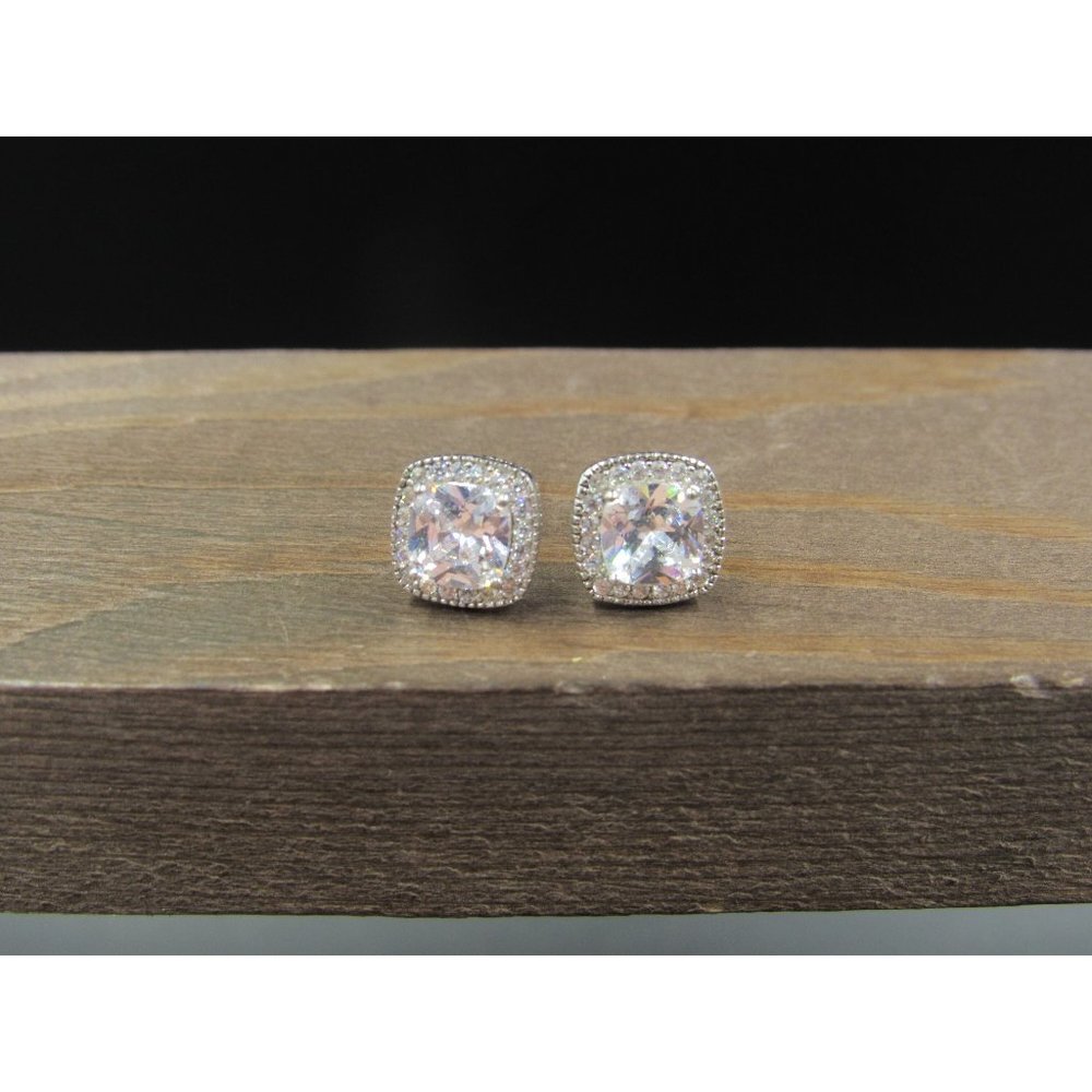 Sterling Silver Halo Square Cubic Zirconia Fancy Stud Earrings Vintage Wedding - Picture 1 of 6